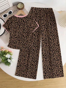 SHEIN EZwear 2pcs Set Embroidered Round Neck Short Sleeve Top And Striped Print Pants, Casual - Multicolor - View 7