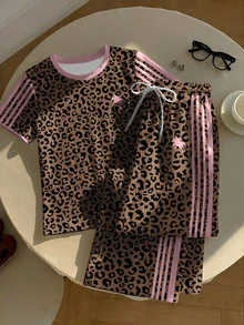 SHEIN EZwear 2pcs Set Embroidered Round Neck Short Sleeve Top And Striped Print Pants, Casual - Multicolor - View 5