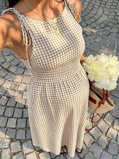 SHEIN Maternity Plaid Shoulder Knot Sleeveless Casual Dress