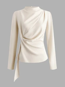 Airaco Women's Elegant Ruched Ruffle Suit Set, Suitable For Commuting, Vacation, And Gatherings, Autumn/Winter - Apricot - View 4
