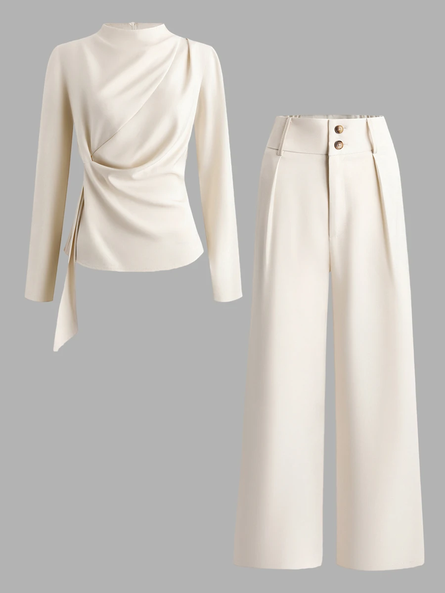 Airaco Women's Elegant Ruched Ruffle Suit Set, Suitable For Commuting, Vacation, And Gatherings, Autumn/Winter - Apricot - View 1