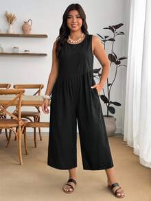 Enliva Plus Size Women's Summer Casual Loose Wide-Leg Vest Jumpsuit Sleeveless Round Neck High Waist Cropped Jumpsuit With Pockets, For Apple And Rounded Body Shape - Black - View 7