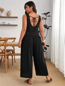 Enliva Plus Size Women's Summer Casual Loose Wide-Leg Vest Jumpsuit Sleeveless Round Neck High Waist Cropped Jumpsuit With Pockets, For Apple And Rounded Body Shape - Black - View 3