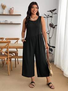 Enliva Plus Size Women's Summer Casual Loose Wide-Leg Vest Jumpsuit Sleeveless Round Neck High Waist Cropped Jumpsuit With Pockets, For Apple And Rounded Body Shape - Black - View 5