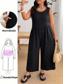 Enliva Plus Size Women's Summer Casual Loose Wide-Leg Vest Jumpsuit Sleeveless Round Neck High Waist Cropped Jumpsuit With Pockets, For Apple And Rounded Body Shape - Black - View 2