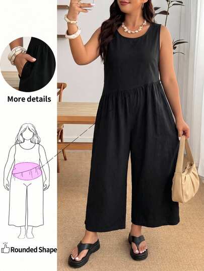 Enliva Plus Size Women's Summer Casual Loose Wide-Leg Vest Jumpsuit Sleeveless Round Neck High Waist Cropped Jumpsuit With Pockets, For Apple And Rounded Body Shape
