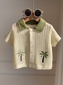 SHEIN 小男孩休閒度假椰子樹鉤編紋理翻領襯衫扣鈕上衣，適合夏季，舒適百搭，適合旅行度假 - 彩色 - 查看 5