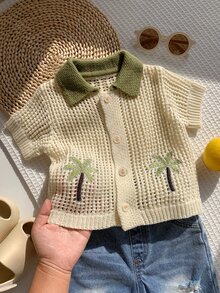 SHEIN 小男孩休閒度假椰子樹鉤編紋理翻領襯衫扣鈕上衣，適合夏季，舒適百搭，適合旅行度假 - 彩色 - 查看 6
