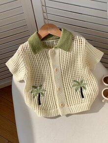 SHEIN 小男孩休閒度假椰子樹鉤編紋理翻領襯衫扣鈕上衣，適合夏季，舒適百搭，適合旅行度假 - 彩色 - 查看 4