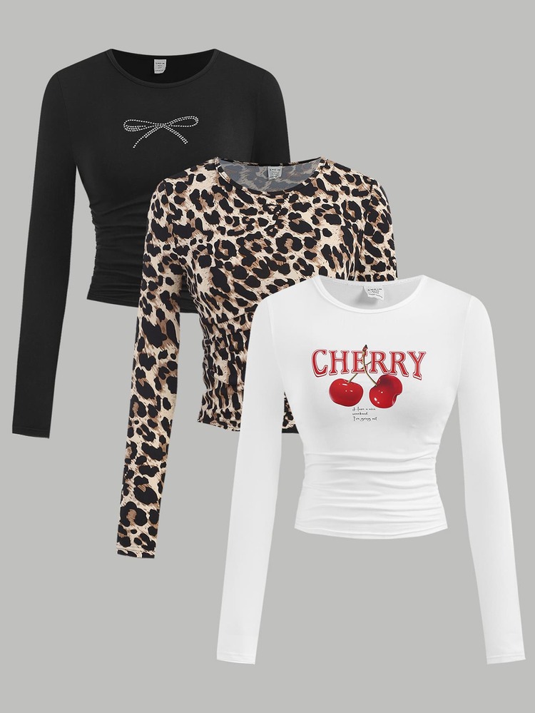 Girlism Conjunto de 3 piezas para niña preadolescente: Camiseta con estampado de leopardo y camiseta gráfica, tops negros y blancos, tops ajustados, paquete de 3 tops, tops de manga larga, tops de manga larga para niñas - Multicolor - Añade 3