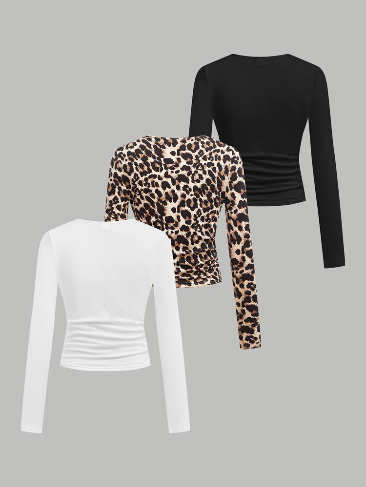 Girlism Conjunto de 3 piezas para niña preadolescente: Camiseta con estampado de leopardo y camiseta gráfica, tops negros y blancos, tops ajustados, paquete de 3 tops, tops de manga larga, tops de manga larga para niñas - Multicolor - Añade 2
