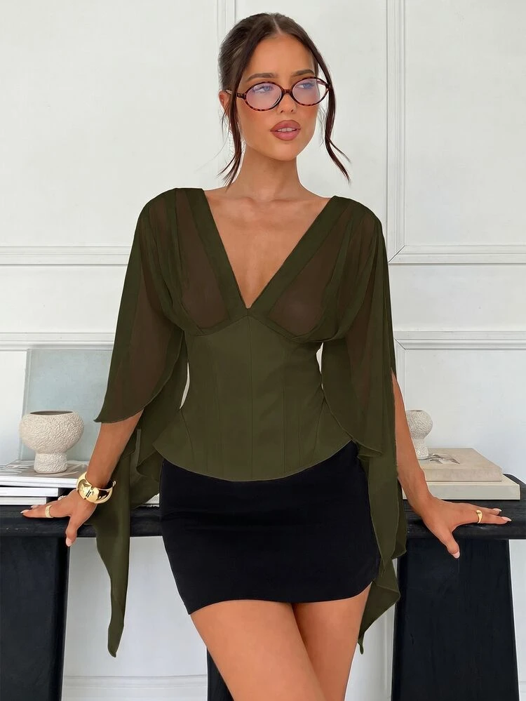 Siren Gaze Women Sheer Chiffon V Neck Corset Bodice Long Cape