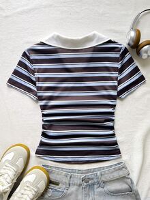 青少年女孩條紋 Polo 衫女款短袖 T-shirt - 藍/棕/白 夏季女款度假上衣街頭風音樂節返校季 - 棕色 - 查看 2