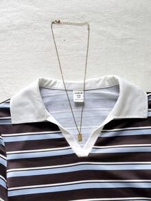 青少年女孩條紋 Polo 衫女款短袖 T-shirt - 藍/棕/白 夏季女款度假上衣街頭風音樂節返校季 - 棕色 - 查看 3
