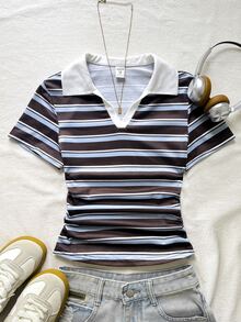 青少年女孩條紋 Polo 衫女款短袖 T-shirt - 藍/棕/白 夏季女款度假上衣街頭風音樂節返校季 - 棕色 - 查看 6