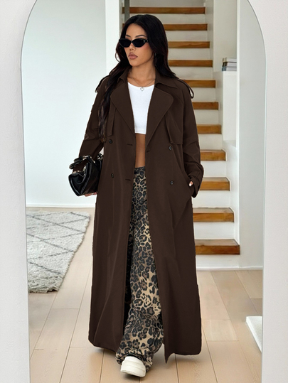 SHEIN EZwear Women's Elegant Coffee Brown Long Sleeve Windbreaker,Autumn Office Suit Dress,French Style Solid Color Casual Waist Belt Winter Clothes For Women