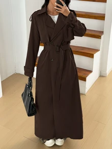 SHEIN EZwear 棕色休闲长款女士纯色腰带长袖风衣 - 巧克力棕 - 查看 1