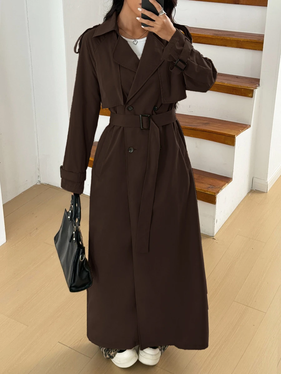 SHEIN EZwear 棕色休闲长款女士纯色腰带长袖风衣 - 巧克力棕 - 查看 1