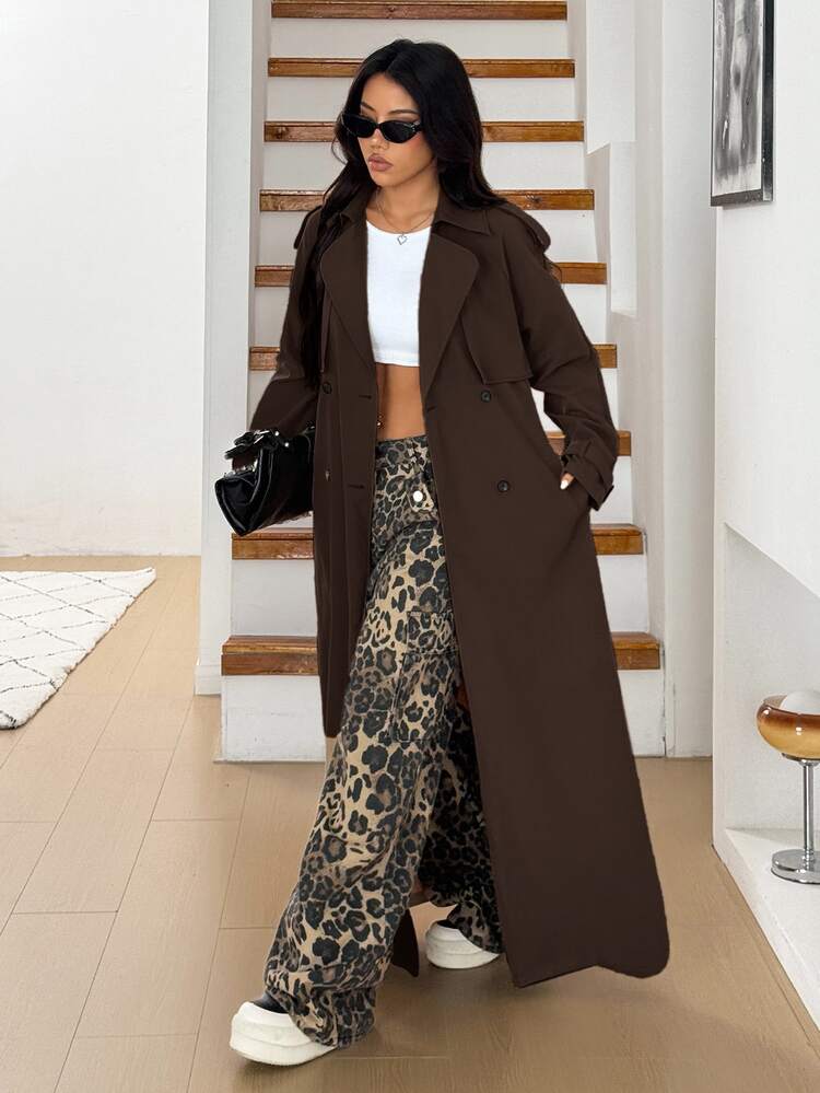 SHEIN EZwear 棕色休闲长款女士纯色腰带长袖风衣 - 巧克力棕 - 查看 3