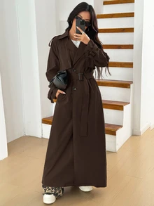 SHEIN EZwear 棕色休闲长款女士纯色腰带长袖风衣 - 巧克力棕 - 查看 5