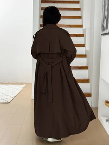 SHEIN EZwear 棕色休闲长款女士纯色腰带长袖风衣 - 巧克力棕 - 查看 2