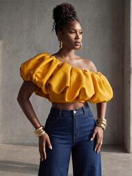 BamGlimmer New Summer Women's Oversized Yellow Asymmetrical Shoulder Cropped Top, Fashionable Casual Style, Suitable For Travel, Vacation, Daily Wear, Back To School, Party And Gathering