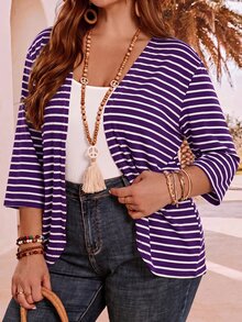 EMERY ROSE Plus Size Women's Summer Vacation Striped 3/4 Sleeve Cardigan - Purple - View 4