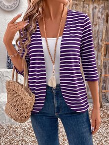 EMERY ROSE Plus Size Women's Summer Vacation Striped 3/4 Sleeve Cardigan - Purple - View 1