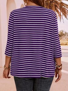 EMERY ROSE Plus Size Women's Summer Vacation Striped 3/4 Sleeve Cardigan - Purple - View 3