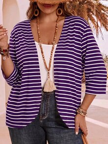 EMERY ROSE Plus Size Women's Summer Vacation Striped 3/4 Sleeve Cardigan - Purple - View 6