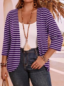 EMERY ROSE Plus Size Women's Summer Vacation Striped 3/4 Sleeve Cardigan - Purple - View 7