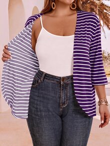 EMERY ROSE Plus Size Women's Summer Vacation Striped 3/4 Sleeve Cardigan - Purple - View 8