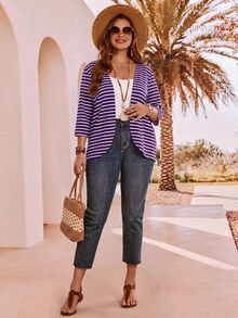 EMERY ROSE Plus Size Women's Summer Vacation Striped 3/4 Sleeve Cardigan - Purple - View 5
