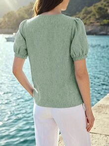 Dayvera French Romantic Style Lace Placket Linen Short Sleeve Cardigan Top - Green - View 2