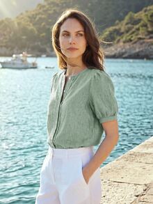 Dayvera French Romantic Style Lace Placket Linen Short Sleeve Cardigan Top - Green - View 5