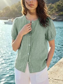 Dayvera French Romantic Style Lace Placket Linen Short Sleeve Cardigan Top - Green - View 6