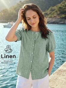 Dayvera French Romantic Style Lace Placket Linen Short Sleeve Cardigan Top - Green - View 4
