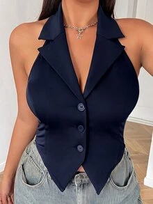 SHEIN EZwear 大尺碼黑色翻領前扣露背掛脖背心 秋冬款 - 藏蓝色 - 查看 3