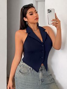 SHEIN EZwear 大尺碼黑色翻領前扣露背掛脖背心 秋冬款 - 藏蓝色 - 查看 6