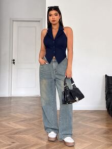 SHEIN EZwear 大尺碼黑色翻領前扣露背掛脖背心 秋冬款 - 藏蓝色 - 查看 5