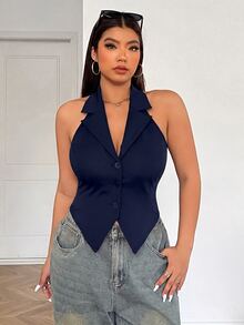 SHEIN EZwear 大尺碼黑色翻領前扣露背掛脖背心 秋冬款 - 藏蓝色 - 查看 4