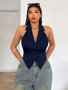 SHEIN EZwear 大尺碼黑色翻領前扣露背掛脖背心 秋冬款 - 藏蓝色 - 查看 8