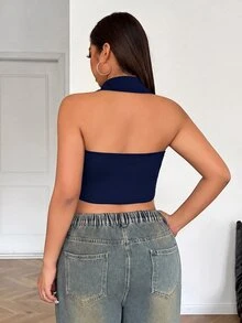 SHEIN EZwear 大尺碼黑色翻領前扣露背掛脖背心 秋冬款 - 藏蓝色 - 查看 2
