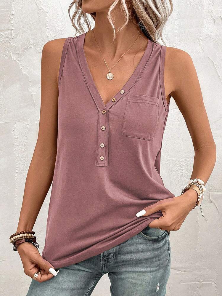 Solivie Women's Fashion Street Button Half-Placket Pocket Vest - Pink - View 8