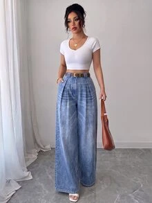 SHEIN Elenzya 春夏新款休閒高腰波點裙褲，復古腰帶款，優雅適合日常穿著、上班、畢業季、音樂節、德比賽、賽馬、日 - 淺色水洗藍 - 查看 6