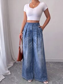 SHEIN Elenzya 春夏新款休閒高腰波點裙褲，復古腰帶款，優雅適合日常穿著、上班、畢業季、音樂節、德比賽、賽馬、日 - 淺色水洗藍 - 查看 5