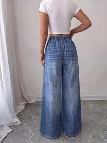 SHEIN Elenzya 春夏新款休閒高腰波點裙褲，復古腰帶款，優雅適合日常穿著、上班、畢業季、音樂節、德比賽、賽馬、日 - 淺色水洗藍 - 查看 2