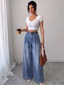 SHEIN Elenzya 春夏新款休閒高腰波點裙褲，復古腰帶款，優雅適合日常穿著、上班、畢業季、音樂節、德比賽、賽馬、日 - 淺色水洗藍 - 查看 3