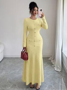 Modelyn 女款淡黃色秋季優雅辦公室粗花呢魚尾裙，長袖圓領鈕扣設計，時尚秋冬假日晚宴紋理洋裝 - 黃色 - 查看 5