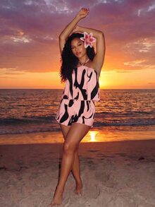 BamGleam Women's Pleated Fabric Pattern Halter Neck Romper - Watermelon Pink - View 6